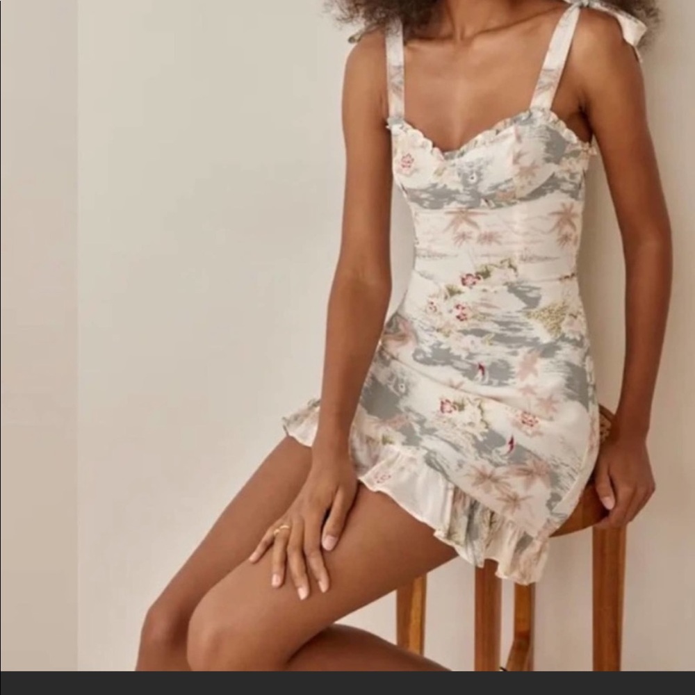 Reformation Romantic Tank Mini Christine Dress Ruffle Long Beach Print NWT Sz 10